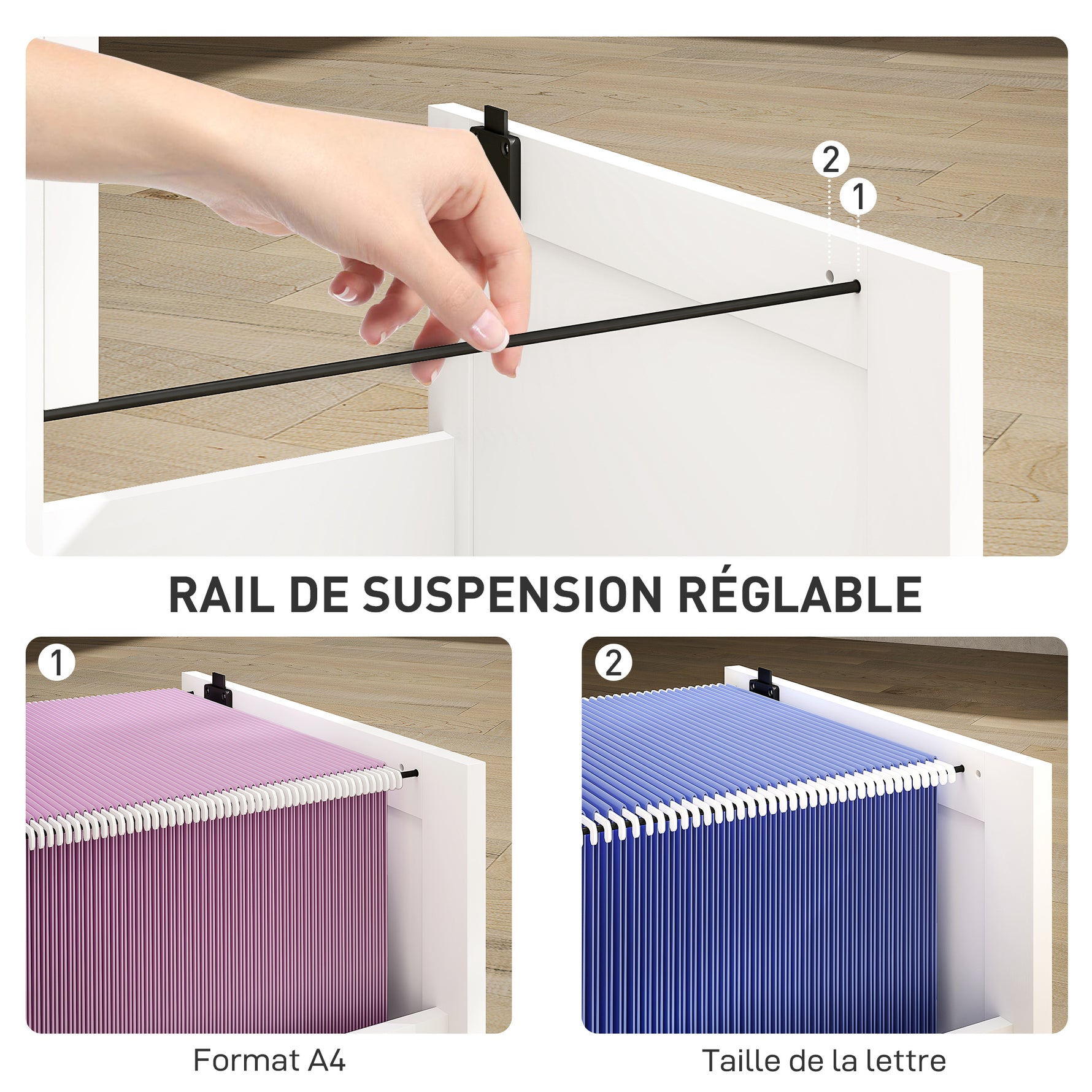 Caisson bureau, meuble rangement bois 2 tiroirs et serrure, barres de suspension réglables, 40 x 40 x 71 cm, blanc