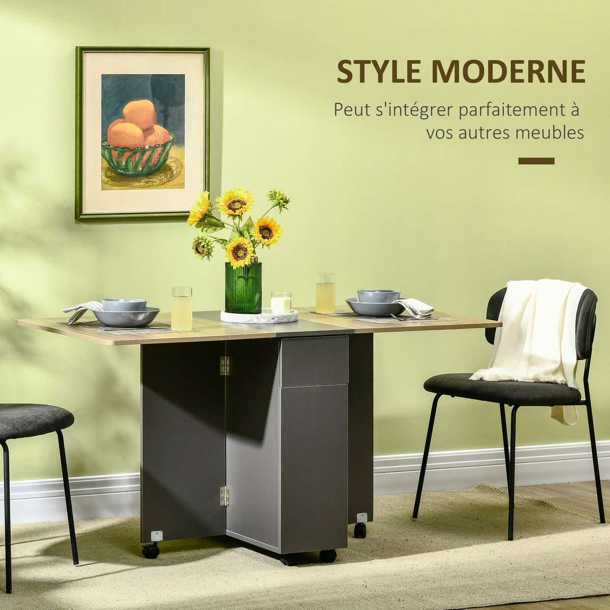 Table de salle à manger pliante sur roulettes avec rangement 2 tiroirs et 1 placard 76 x 140 x 74 cm