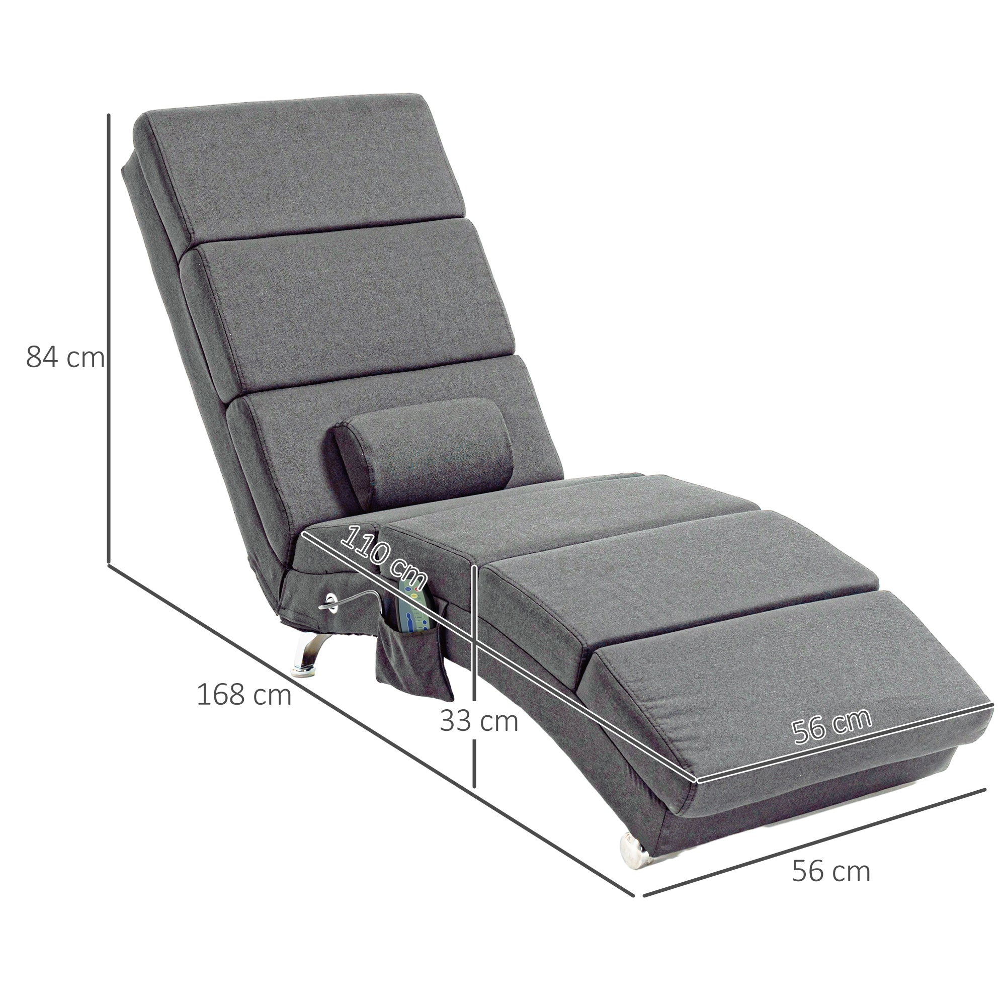 Fauteuil relax salon fauteuil de massage et chauffage meridienne avec télécommande et oreiller, tissu effet lin, gris