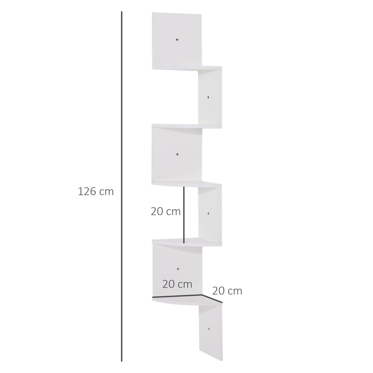 Étagère d'angle Murale de Rangement Forme Zigzag 20L x 20l x 126H cm 5 Niveaux Bois Blanche
