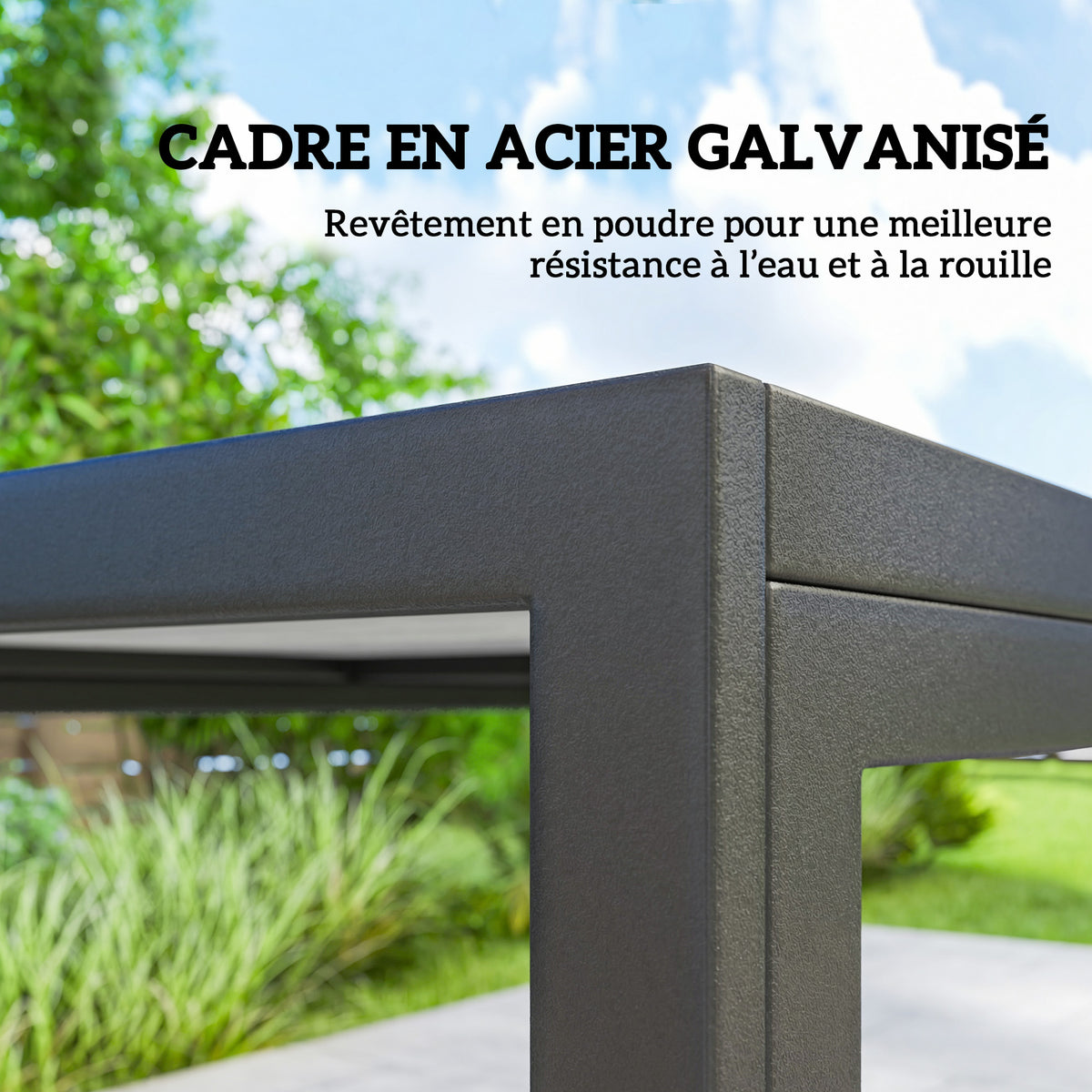 Salon de Jardin Extérieur pour 6 Personnes, Table de Patio Effet Bois et Chaises avec Assise en Maille Respirante, Cadre en Acier Galvanisé, Noir