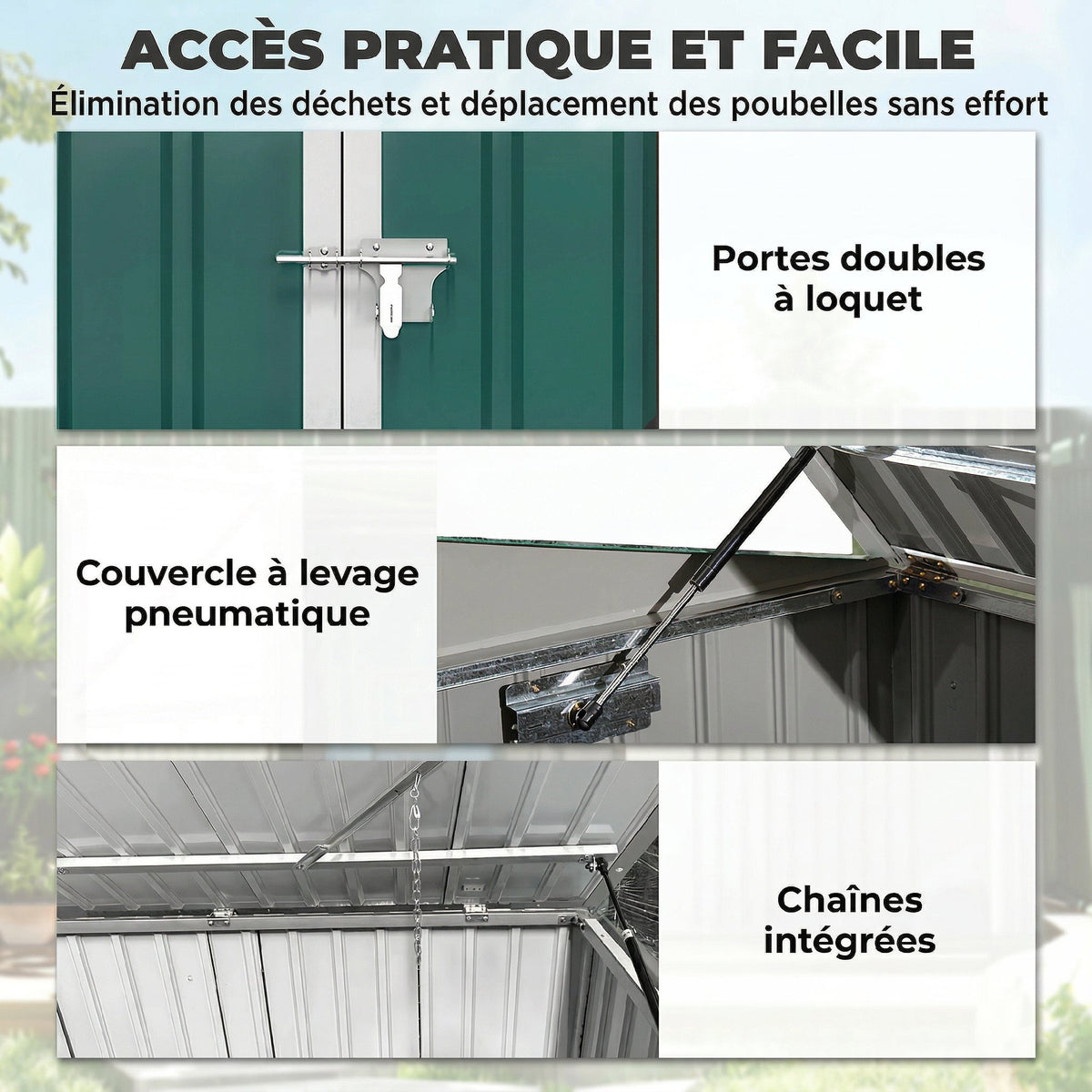 Cache Poubelle Extérieur en Acier Galvanisé pour 2 Poubelles, Double Porte, Couvercle Pneumatique, 180x108x130cm, Vert