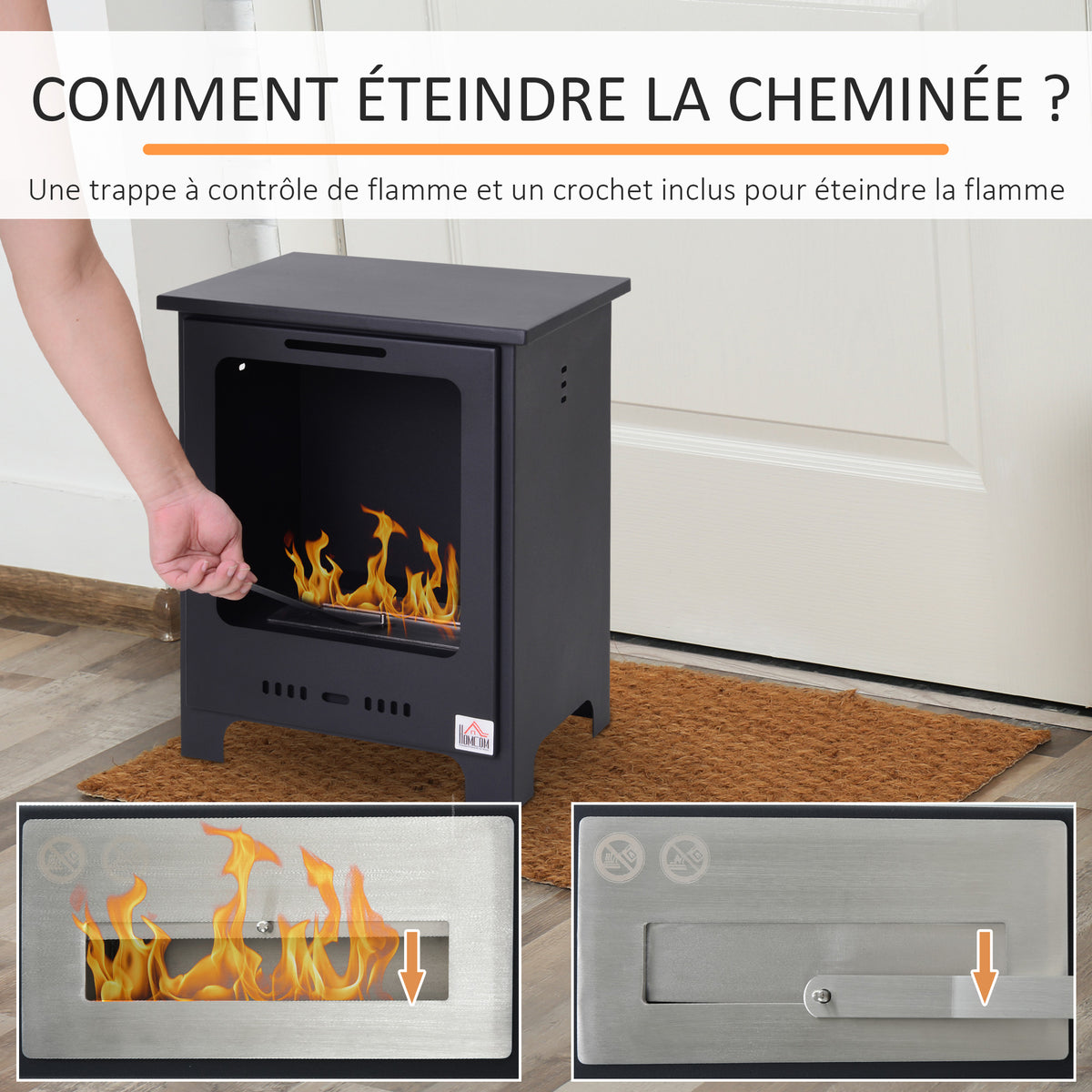 Cheminée bioéthanol sur Pieds brûleur 0,9 L, 3h de durée de combustion Style néo-rétro poêle dim. 40L x 30l x 50H cm Couverture 20-25 m² Noir
