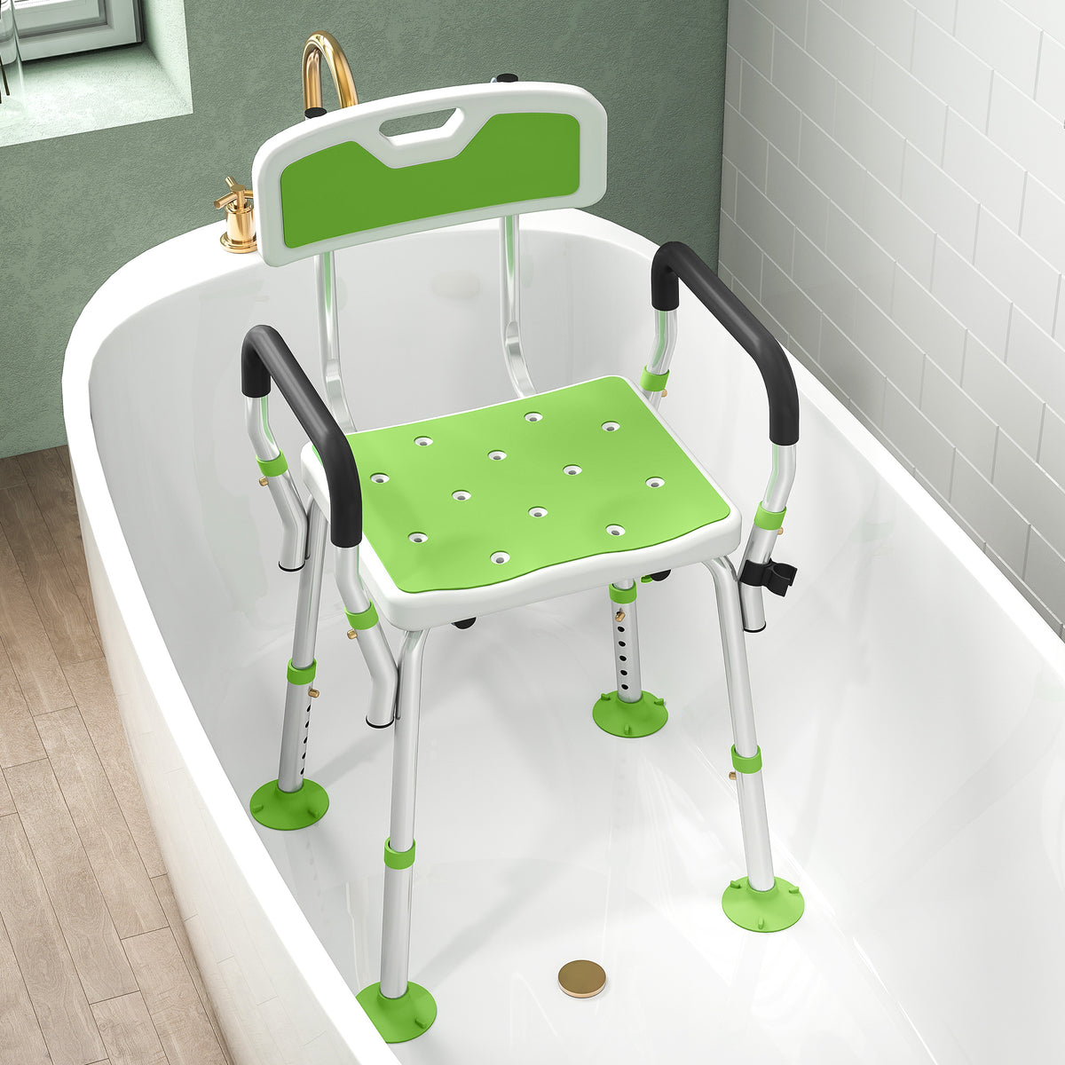 Tabouret de douche chaise de douche ergonomique hauteur réglable pieds antidérapants 56,5 x 53,5 x 87 cm blanc et vert