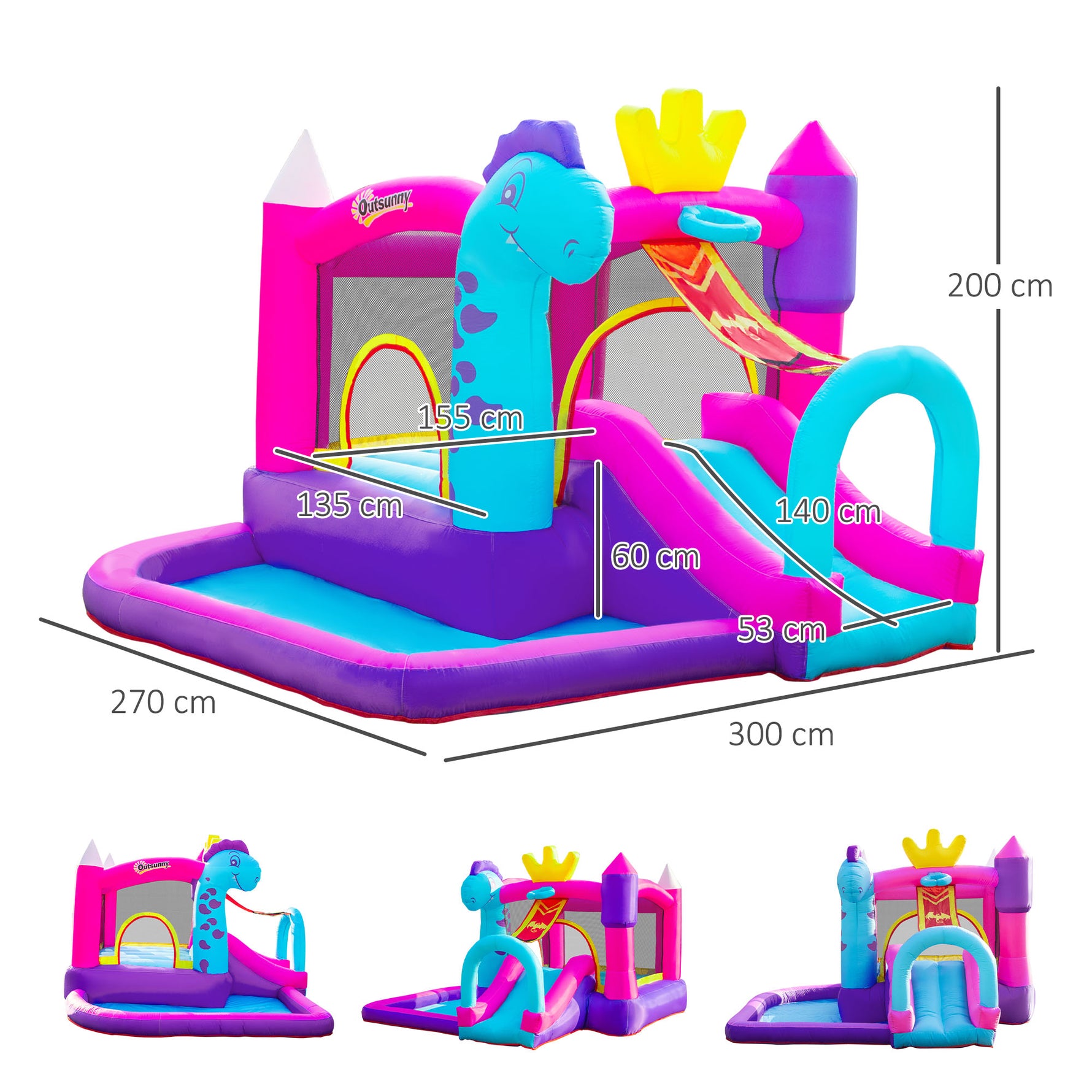 Château Gonflable avec Toboggan, Trampoline, Aire de Jeux Piscine et Panier Jusqu'à 3 Enfants +3 Ans gonfleur et Sac de Transport Souffleur 350W inclus dim. 300L x 270l x 200H cm Multicolore