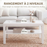 Table basse de salon, table d'appoint rectangulaire à 2 niveaux avec étagère de rangement, 90x45x44,5cm, blanc