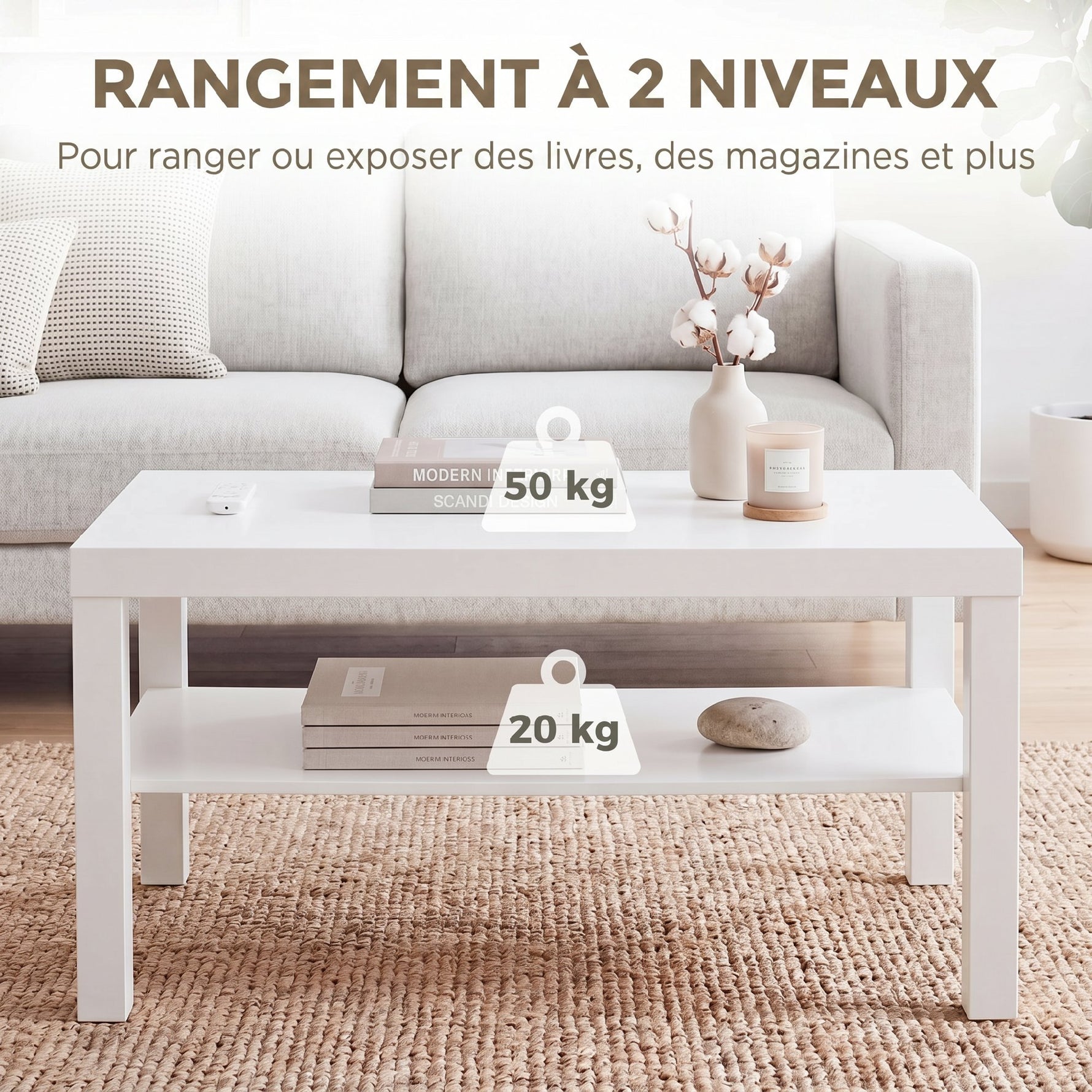 Table basse de salon, table d'appoint rectangulaire à 2 niveaux avec étagère de rangement, 90x45x44,5cm, blanc
