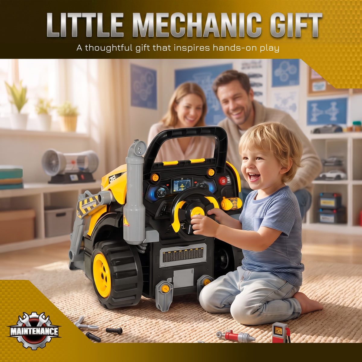 Jouet Moteur de Camion et Pelle pour Enfants, Camion Mécano, Volant, Effet de Brume, Sonores et Lumineux, 3-6 Ans, Jaune