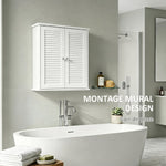 Armoire murale de salle de bain, meuble de rangement suspendu avec 2 portes persiennes et étagère réglable, blanc