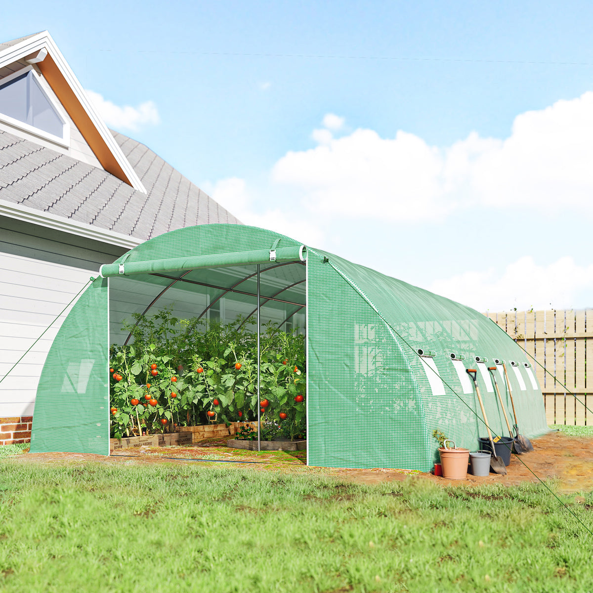 Serre Tunnel de Jardin Serre Maraîchère Acier Galvanisé Ø25mm et Structure Renforcée 395x595x199cm Vert
