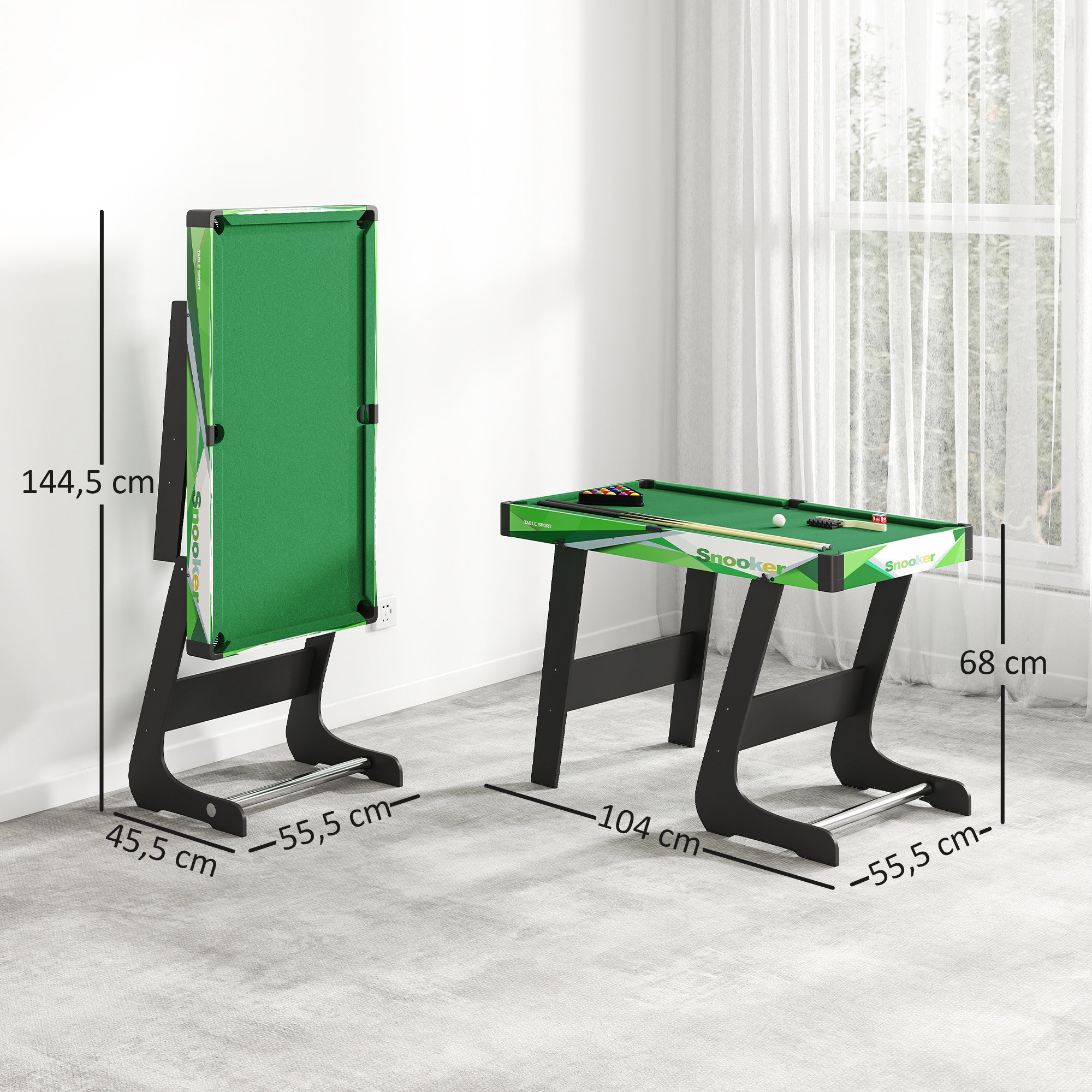 Klappbarer Billardtisch mit Zubehör: 2 Queues, 16 Kugeln, Dreieck, Kreide, Maße 104L x 55,5B x 68H cm, grünes Tuch
