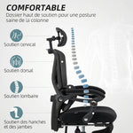 Chaise Bureau Ergonomique avec Appui-Tête Réglable, Fauteuil de Bureau Inclinable en Maille, Dossier Séparé, Noir