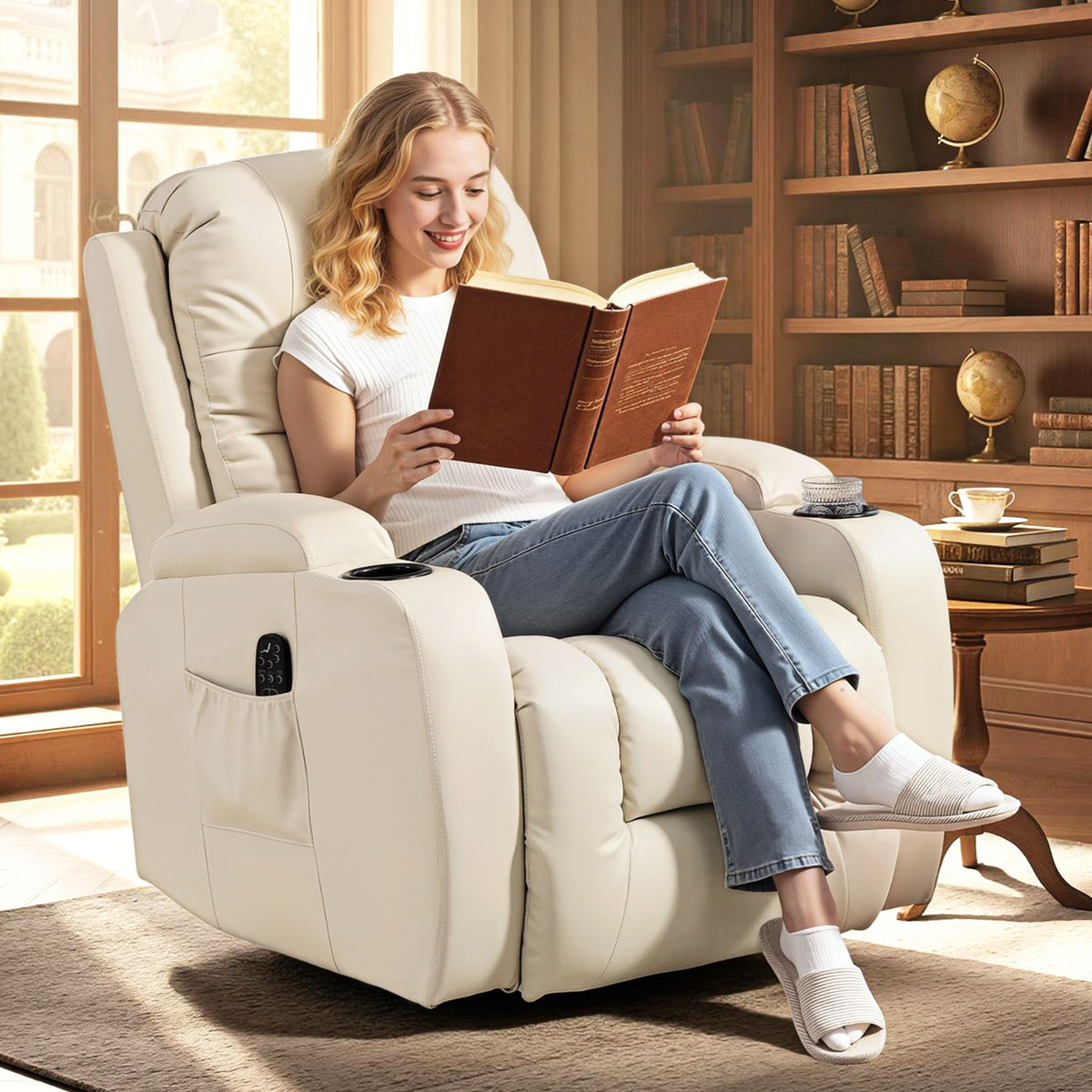Fauteuil inclinable de massage et chauffage, fauteuil de relaxation, dossier réglable, pivotant 360°, 82x99x103cm, crème