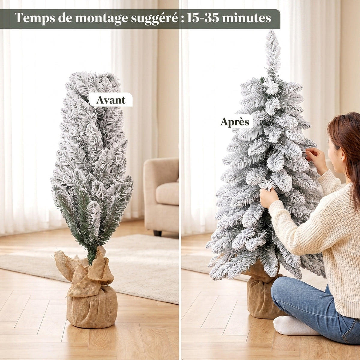 Sapin de Noël Artificiel 90 cm, 107 Embouts de Branches Enneigés en PVC, Base en Toile de Jute, Montage Rapide, Blanc