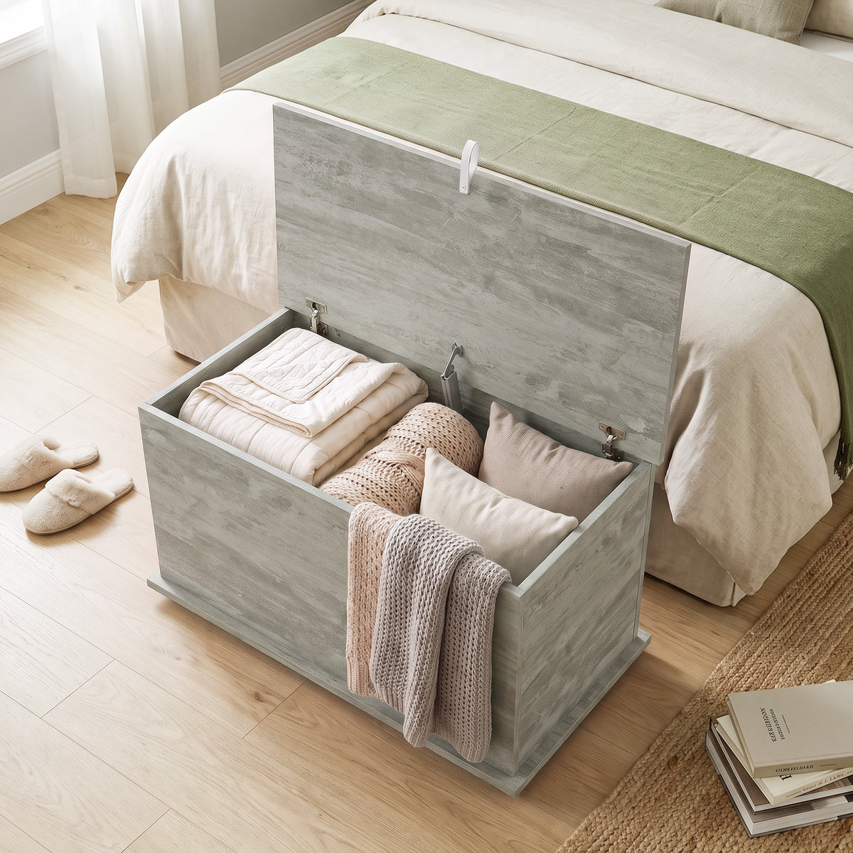 Coffre de Rangement, Banc de Rangement avec Couvercle Rabattable et Charnières de Sécurité, 80 x 40 x 45 cm, Gris