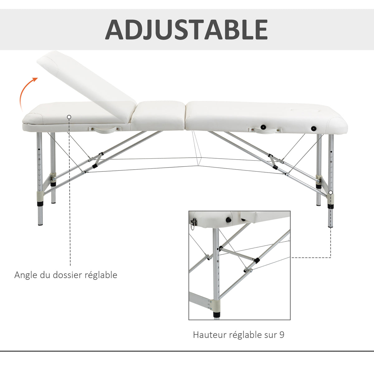 Table de massage 3 zones pliante cosmétique portable charge max. 225 Kg hauteur réglable cadre en alliage blanc