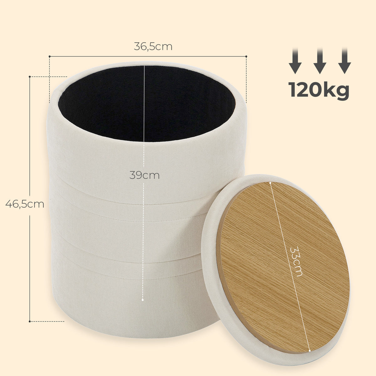 Pouf de Rangement en Chenille avec Couvercle, Tabouret Rond pour Salon et Chambre, Beige