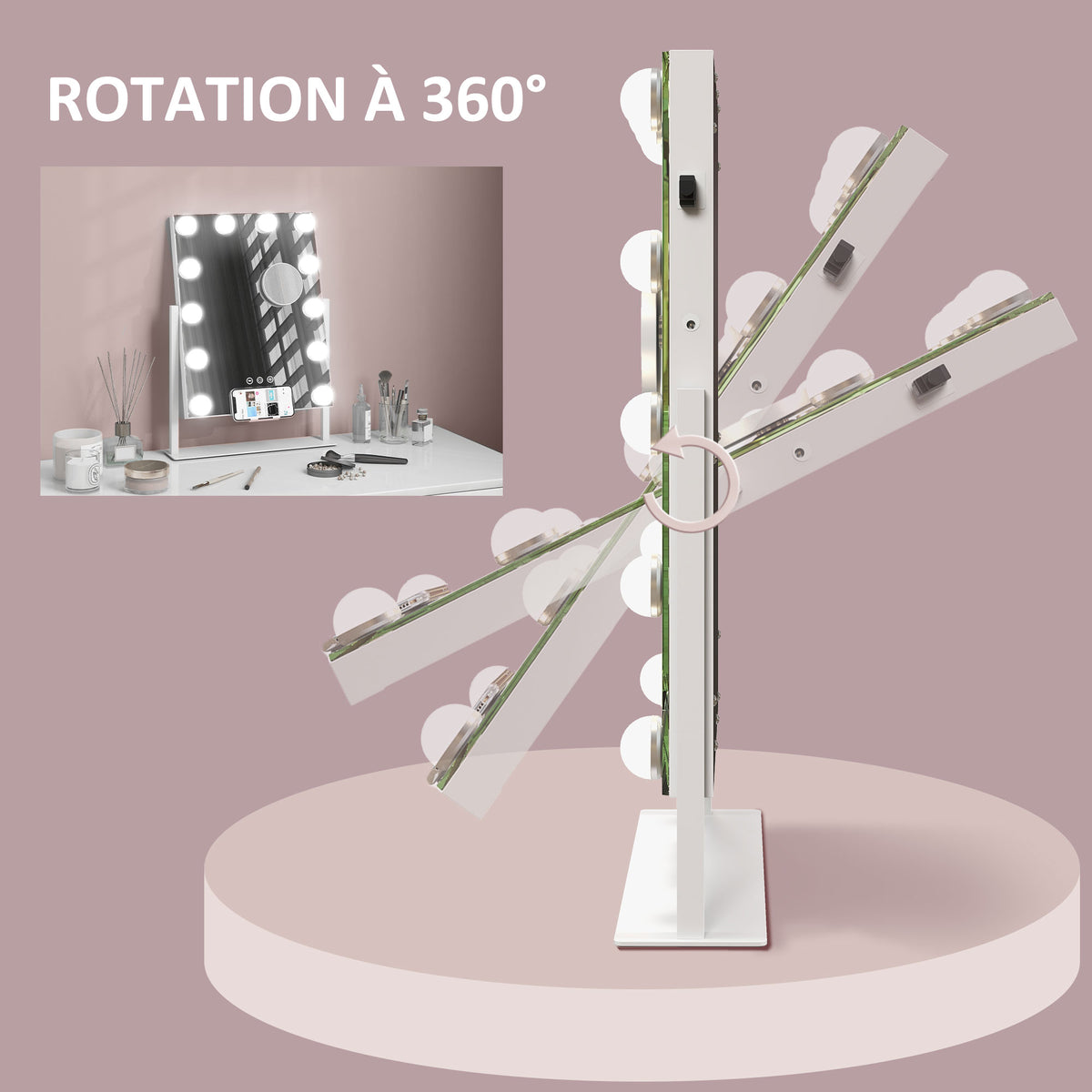 Miroir Hollywood avec LED 12 ampoules, luminosité réglable, rotation à 360°, grossissement 10X, touche tactile, blanc