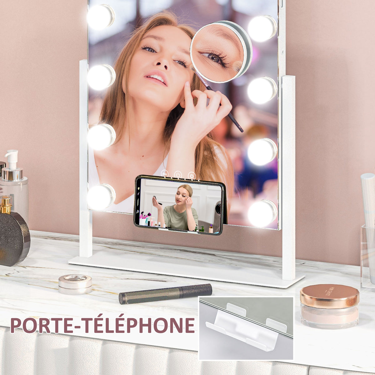 Miroir Hollywood avec LED 12 ampoules, luminosité réglable, rotation à 360°, grossissement 10X, touche tactile, blanc