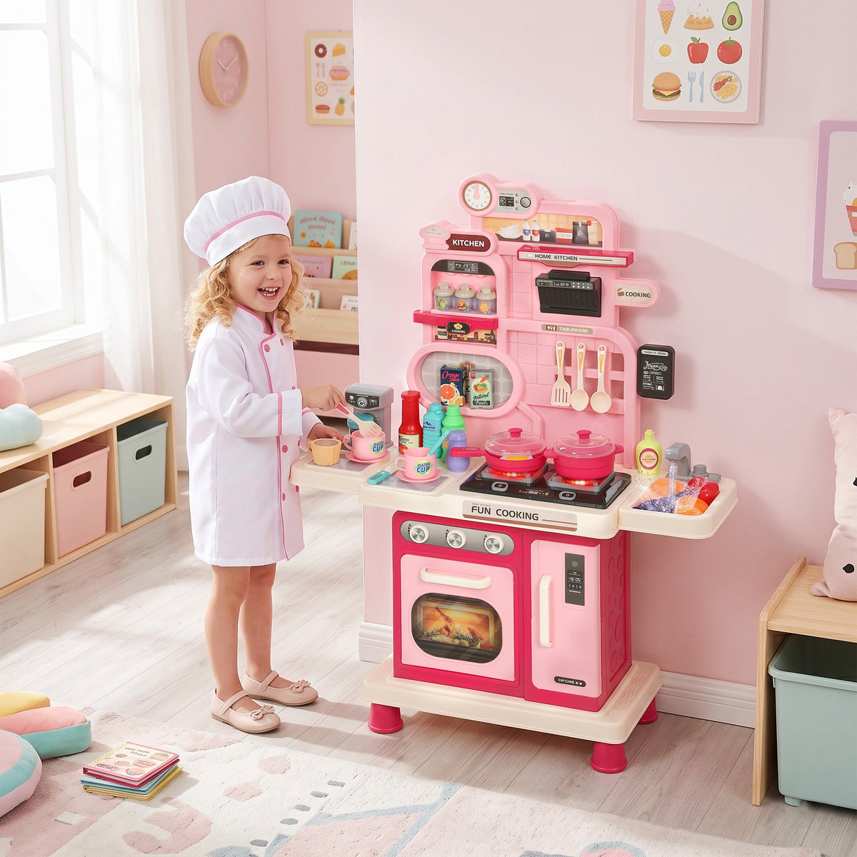 Cuisine pour Enfants Interactive, 33 Accessoires, avec Sons, Lumières, Rangement, 3-6 Ans, 67x25x87cm, Rose