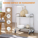 Chariot de service desserte de cuisine à roulettes 2 étagères 80L x 45l x 82H cm acier inox. chromé