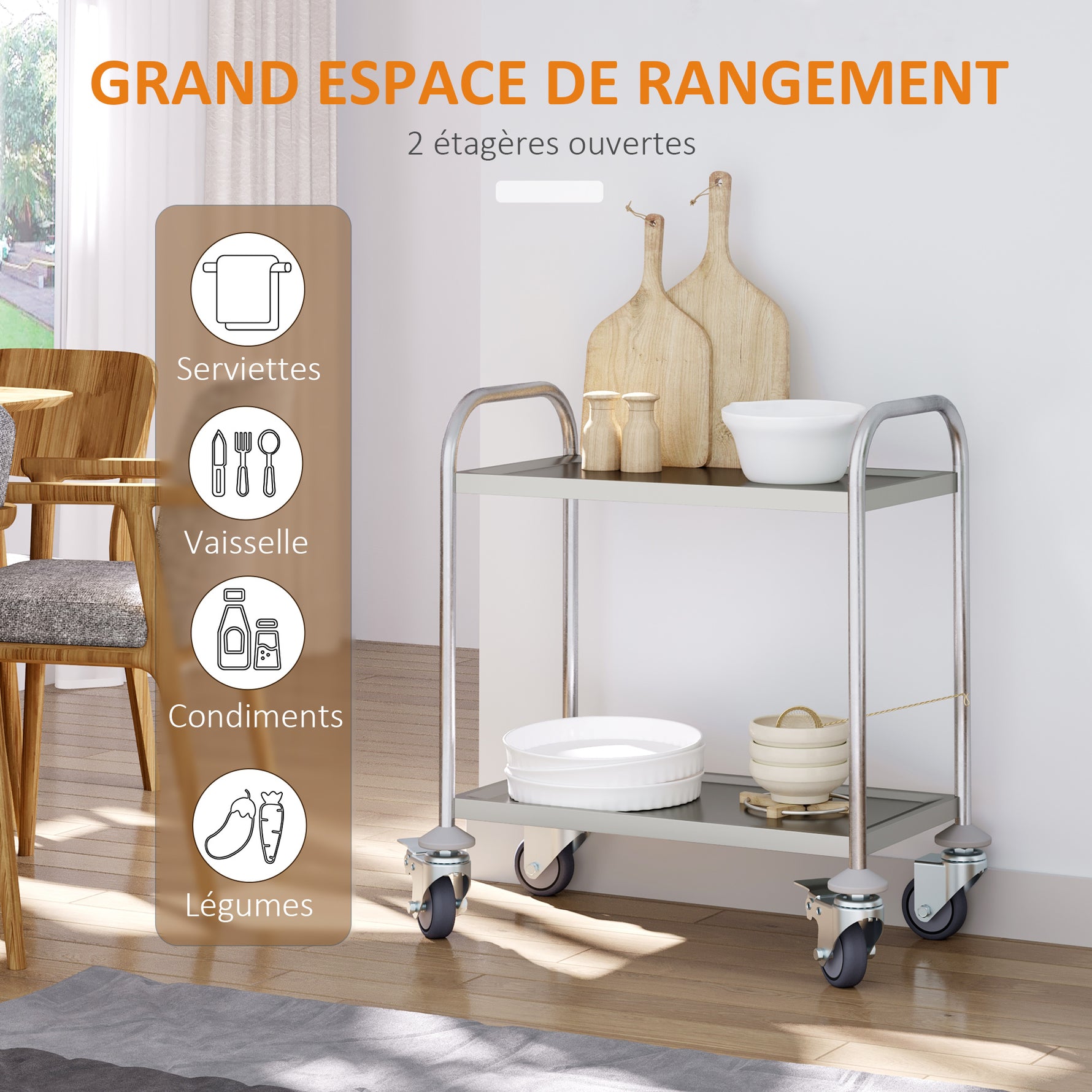 Chariot de service desserte de cuisine à roulettes 2 étagères 80L x 45l x 82H cm acier inox. chromé