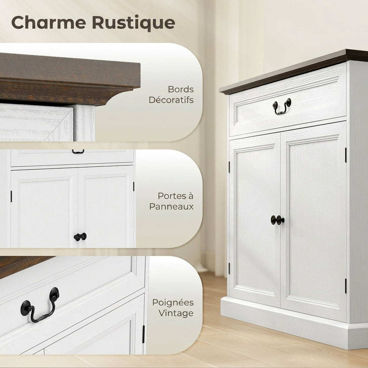 Credenza da soggiorno, mobile contenitore con 2 ante, cassetto silenzioso, ripiano regolabile, 80x40x85cm, bianco e marrone
