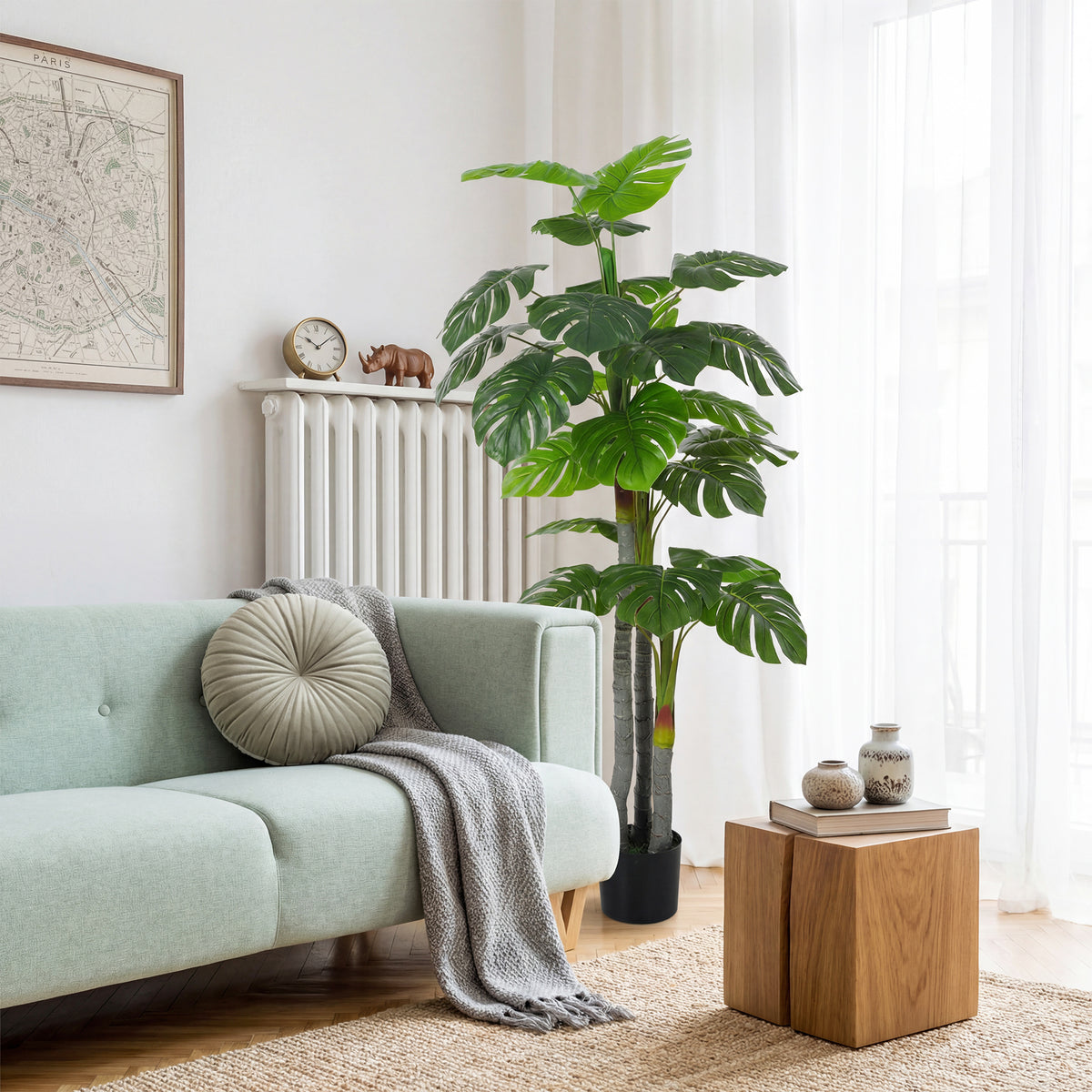 Árbol artificial Planta artificial Monstera Alt. 1,5 m Tronco Ramas Líquen Hojas de costilla de Adán Gran realismo Maceta incluida