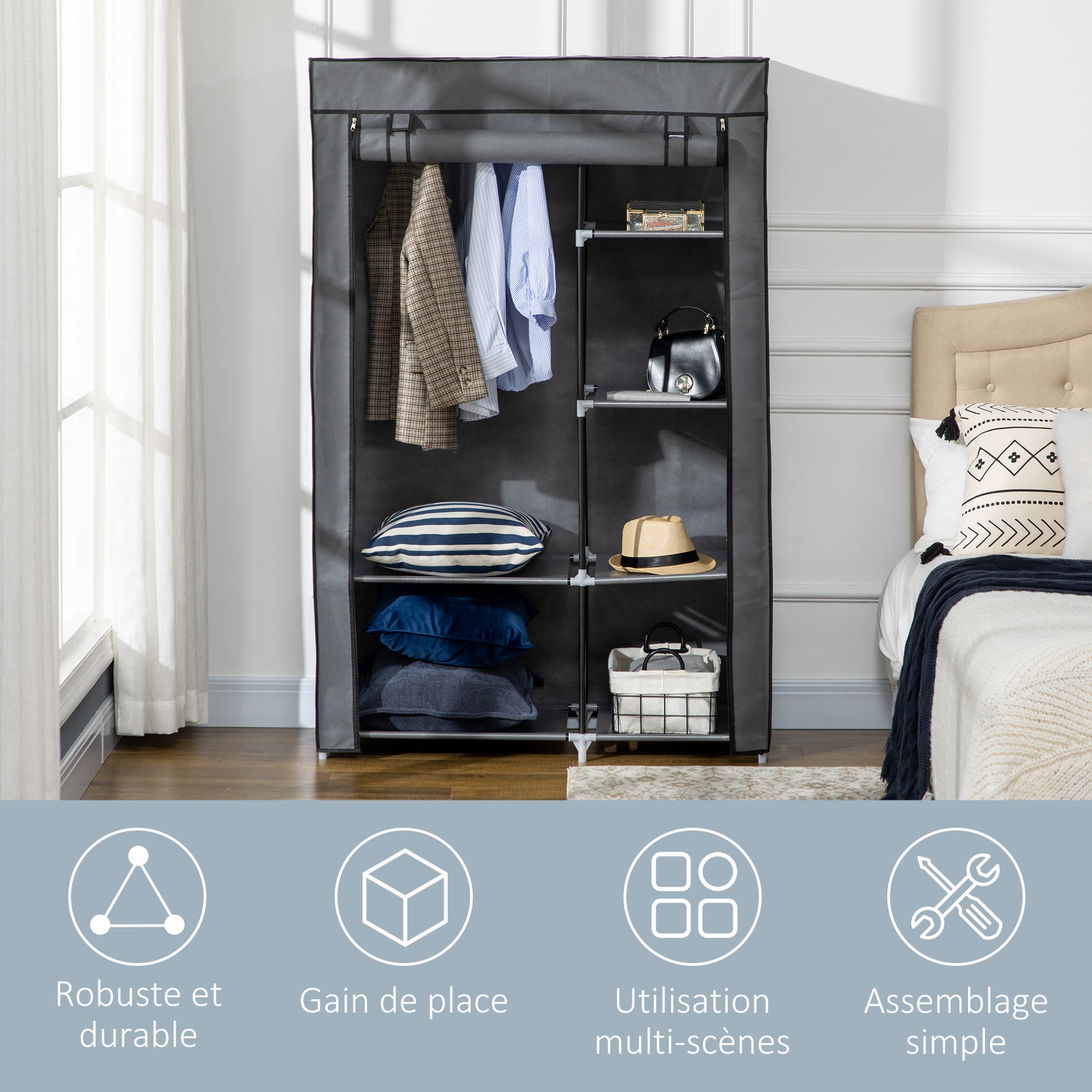 Armoire penderie multi-rangement - 6 étagères, 1 barre - non tissé gris