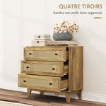 Commode 3 tiroirs meuble de rangement cannage en rotin aspect bois clair 80 x 35 x 76 cm