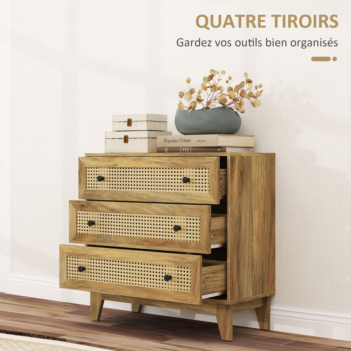 Commode 3 tiroirs meuble de rangement cannage en rotin aspect bois clair 80 x 35 x 76 cm