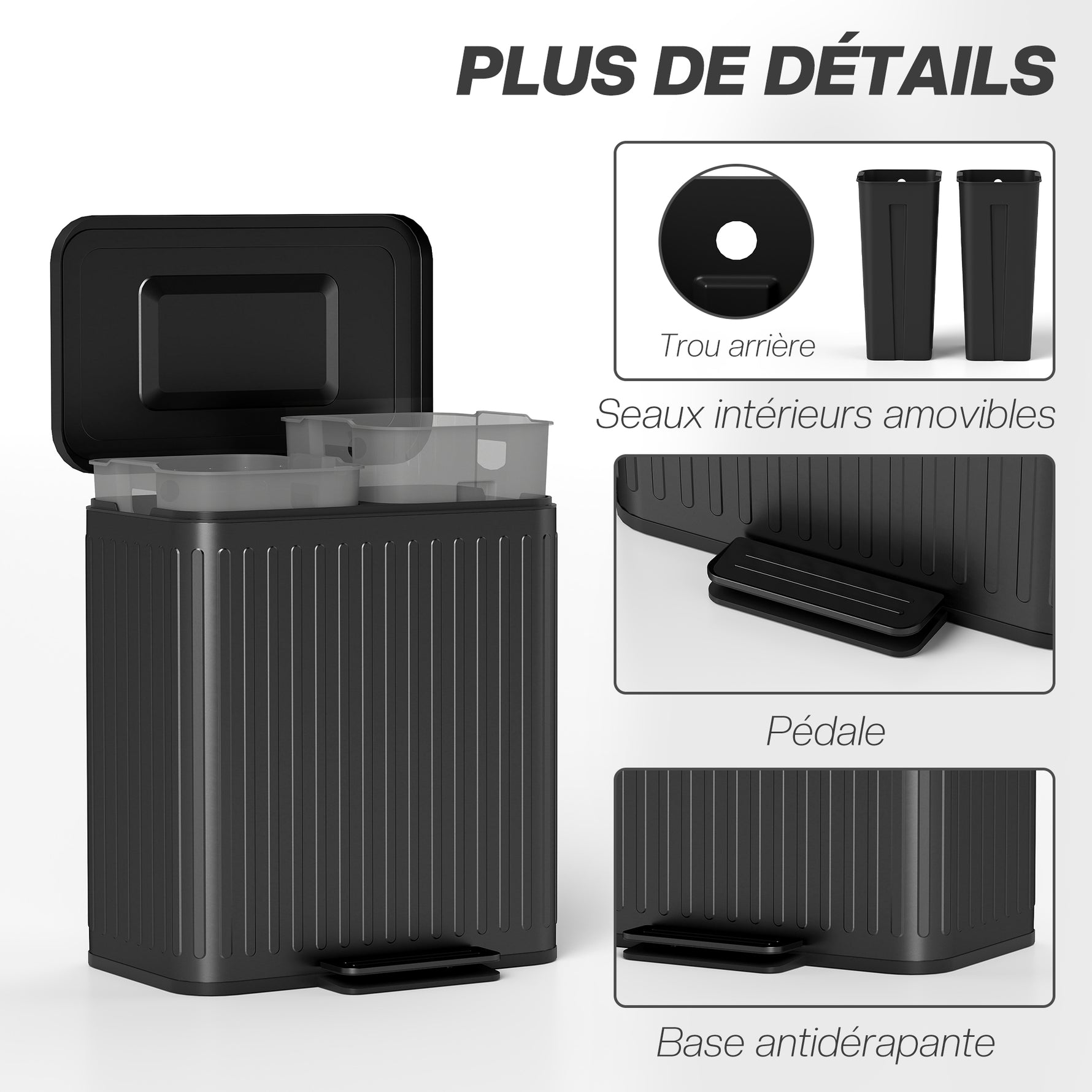 Poubelle à double compartiment 2 x 20L, poubelle de cuisine à pédale, seaux intérieurs amovibles, 45,5x36,5x51cm, noir