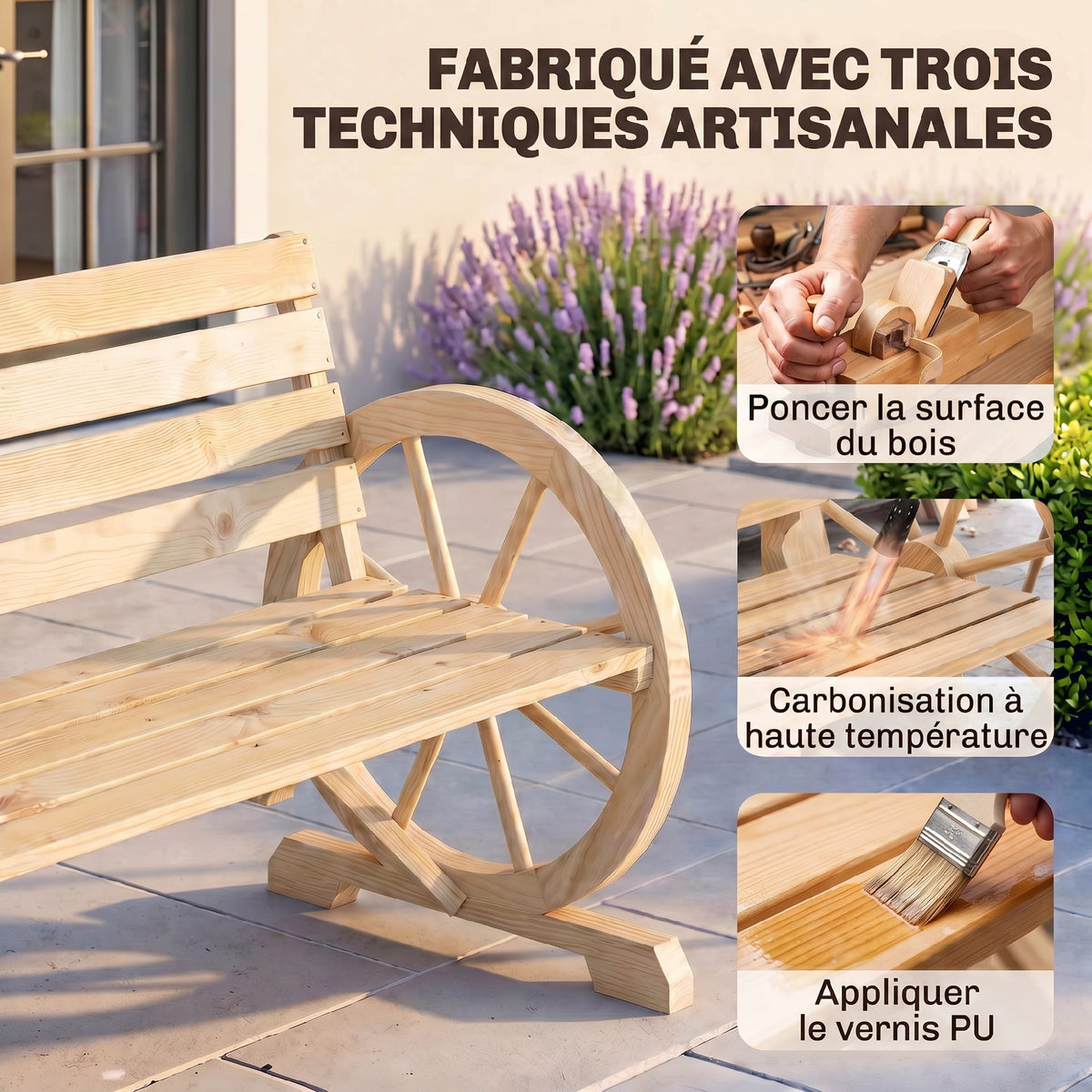 Banc de Jardin banc 3 places en bois Style Rustique Chic accoudoirs Roues Charette Bois Sapin effet bois naturel