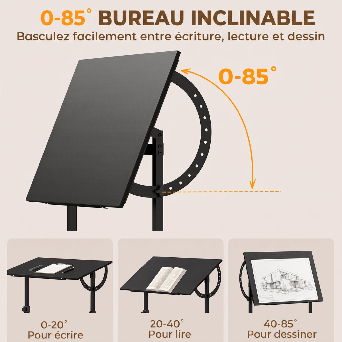 Table à Dessin Inclinable 0°-85°, Bureau à Dessin Réglable en Hauteur avec Rebord Antidérapant, Cadre en Acier, Noir