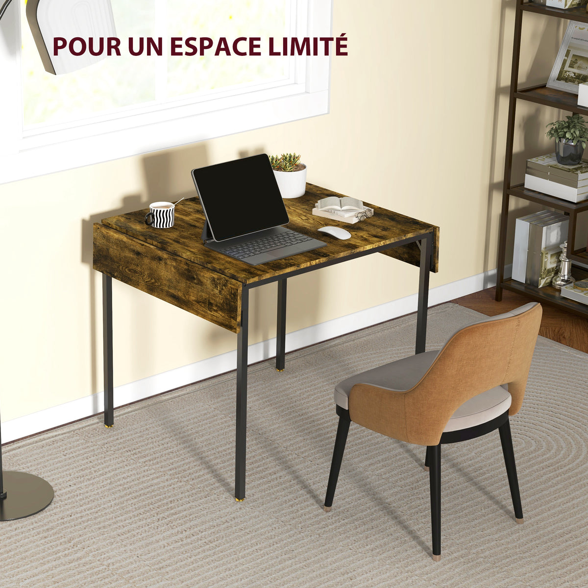 Table de salle à manger avec 2 rabats style industriel, extensible, table à abattant pour 2-4 personnes