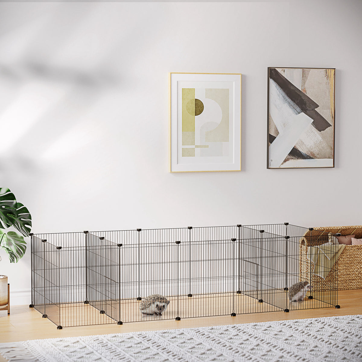 Modulaire dierenren voor kleine dieren, konijnen, knaagdieren, puppy's, 18 stalen panelen, 2 deuren, 175 x 70 x 45, zwart