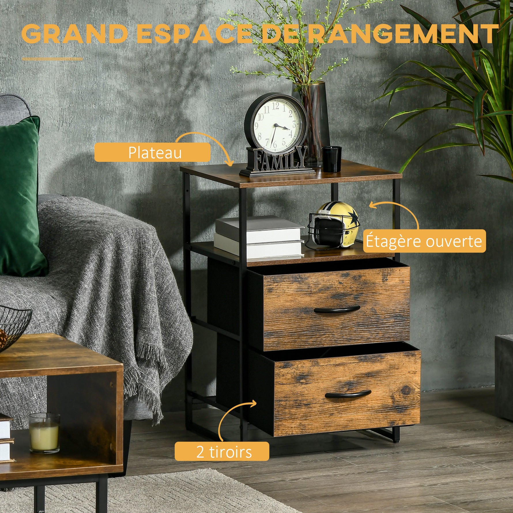 Table de Chevet avec 2 Tiroirs Tissus Table d'appoint petit Meuble de Rangement Style Industriel Commode 2 tiroirs - 45 x 40 x 70,5 cm - Bois et métal