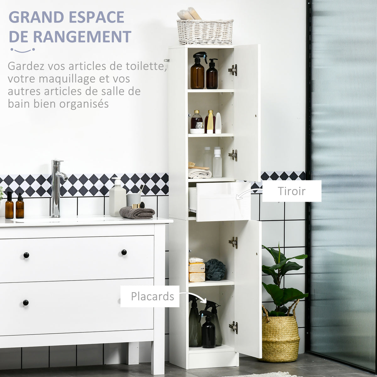 Meuble colonne rangement salle de bain style contemporain 2 placards 3 étagères et 1 tiroir coulissant panneaux particules brillant dim. 30l x 28P x 170H cm blanc laqué