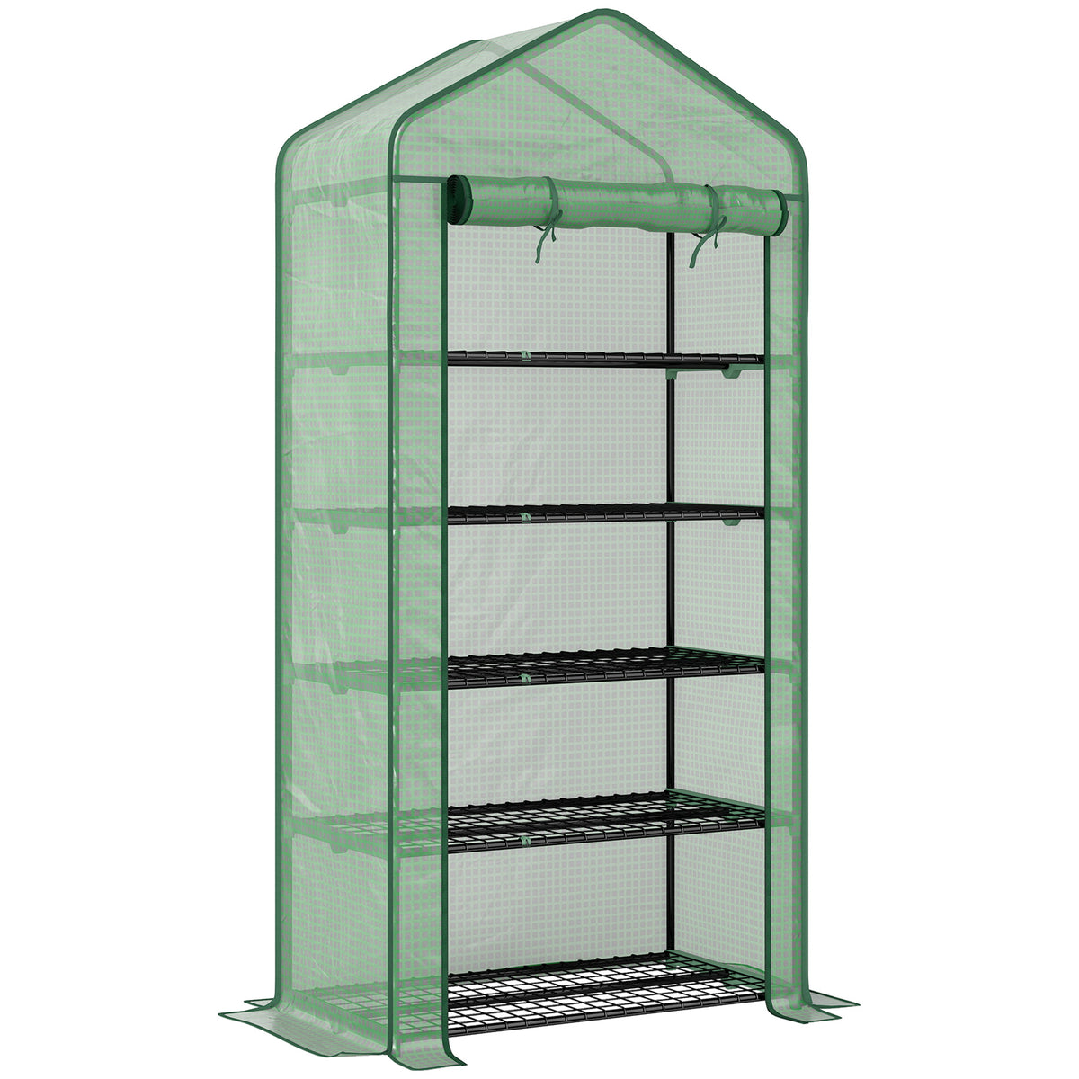 Serre de jardin Serre 5 niveaux avec 1 porte enroulable, Bâche en PE Renforcée Résistante dim. 90L x 49l x 193H cm