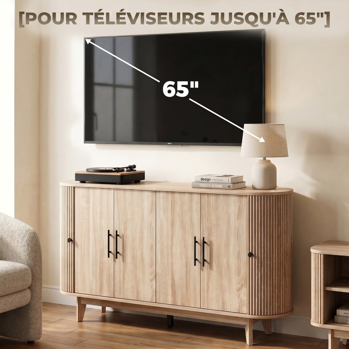 Buffet salon, meuble de rangement ovale avec 6 portes et 2 étagères réglables, 147x40x76cm, chêne