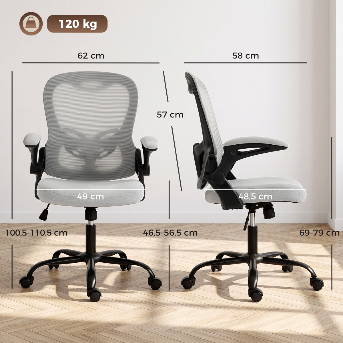 Chaise Bureau Ergonomique, Fauteuil de Bureau Maille, Accoudoirs Relevables, Hauteur Réglable, Fonction Bascule, Gris