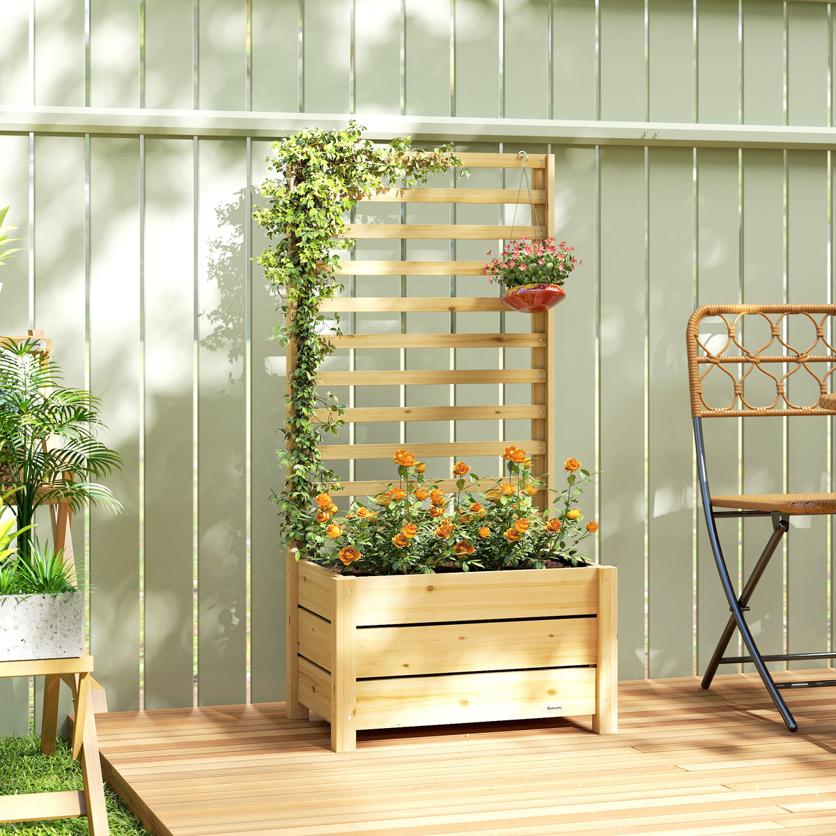 Jardinière avec treillis, bac à fleurs avec brise-vue, trou de drainage et doublure intérieure, 60 x 39 x 120 cm, bois naturel