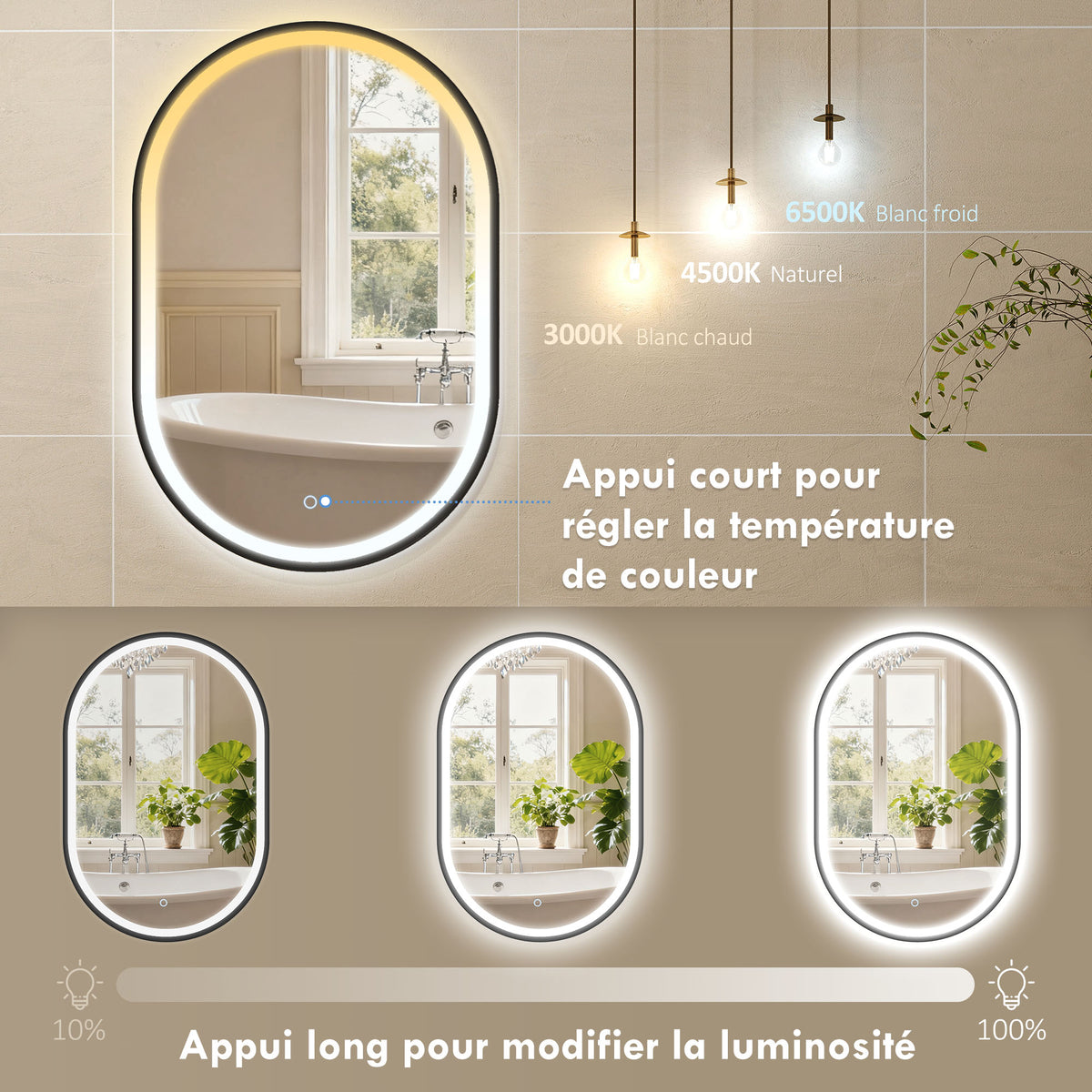 Miroir salle de bain éclairage LED 50x70cm, miroir lumineux salle de bain mural interrupteur tactile, lumière 3 couleurs