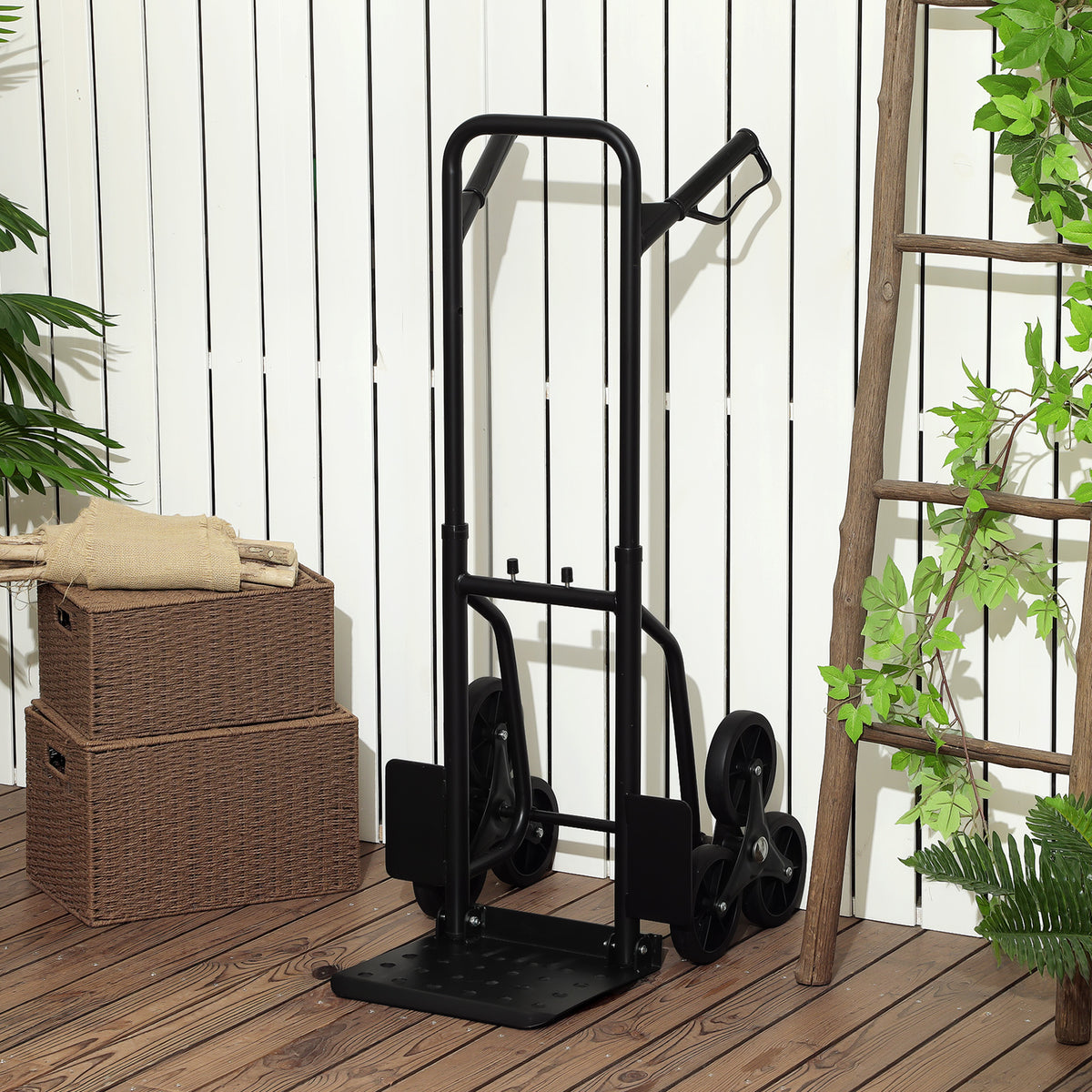 Klappbare Treppensackkarre 120 kg mit 6 Rädern, Stahl-Transportkarre mit Spanngurten, 44x67x106,5 cm, schwarz