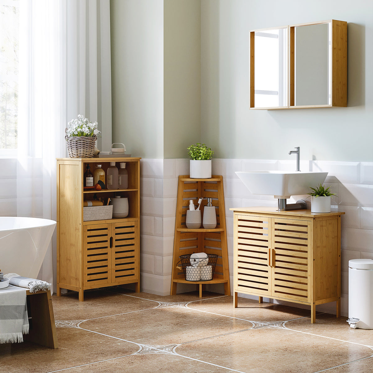 Armoire murale de salle de bain avec miroirs et 2 portes en bambou 65,2 x 14 x 50 cm