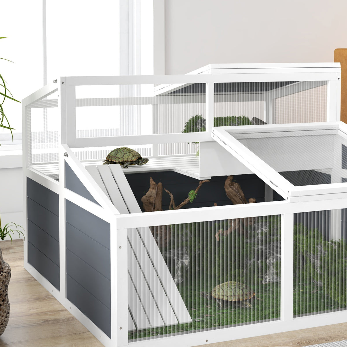 Maison enclos cage pour petit animal tortue avec 2 espaces toit en polycarbonate 3 portes rampe 115 x 115 x 82 cm gris