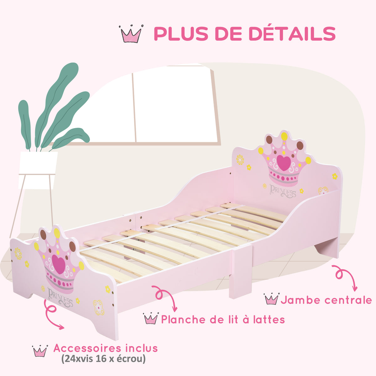 Lit Enfant et Ensemble table et chaises enfant - Design Princesse Motif Couronne - sommier à Lattes Inclus - Rose