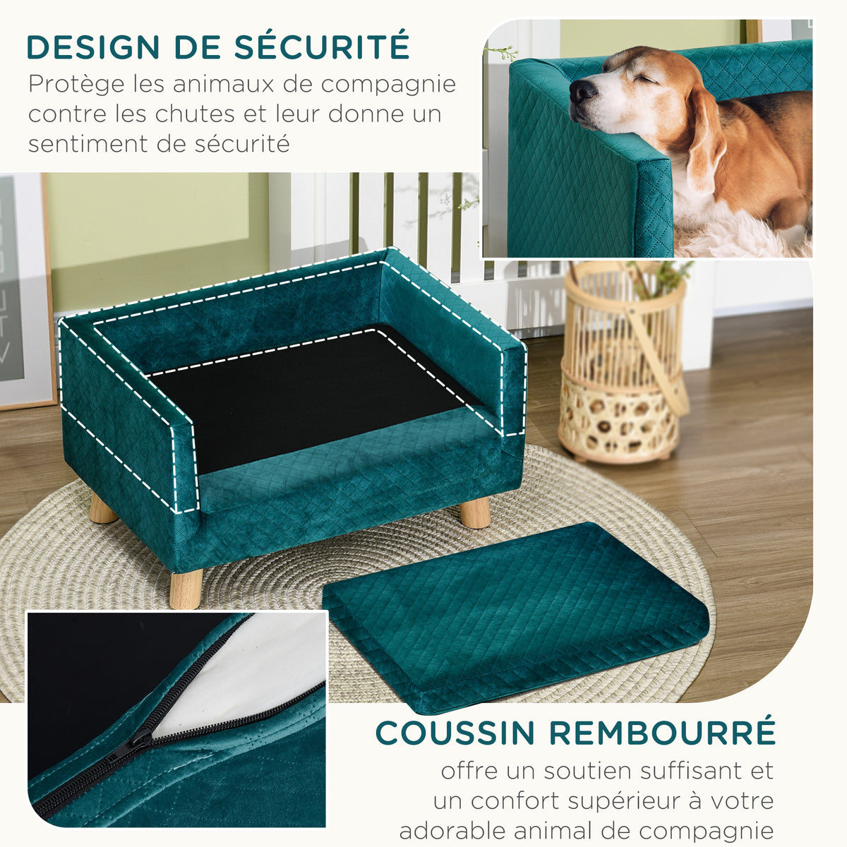 Canapé chien lit pour chien design scandinave coussin moelleux pieds bois massif dim. 64 x 45 x 36 cm velours bleu canard