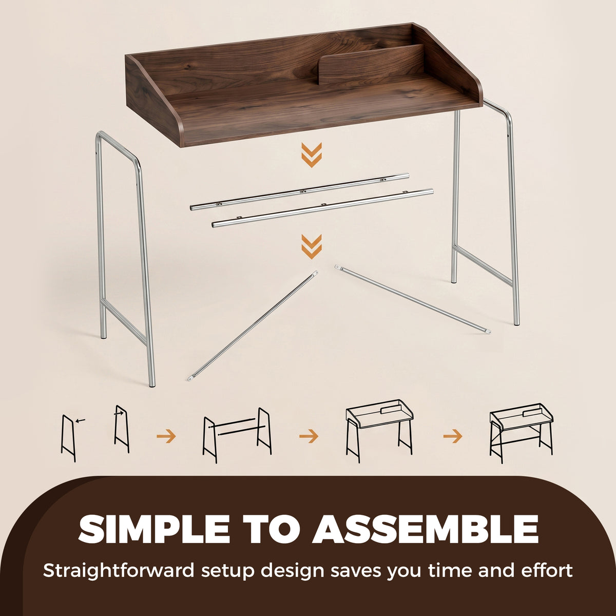 Bureau, bureau d'ordinateur 109 cm avec rebord de sécurité et structure en métal, noyer