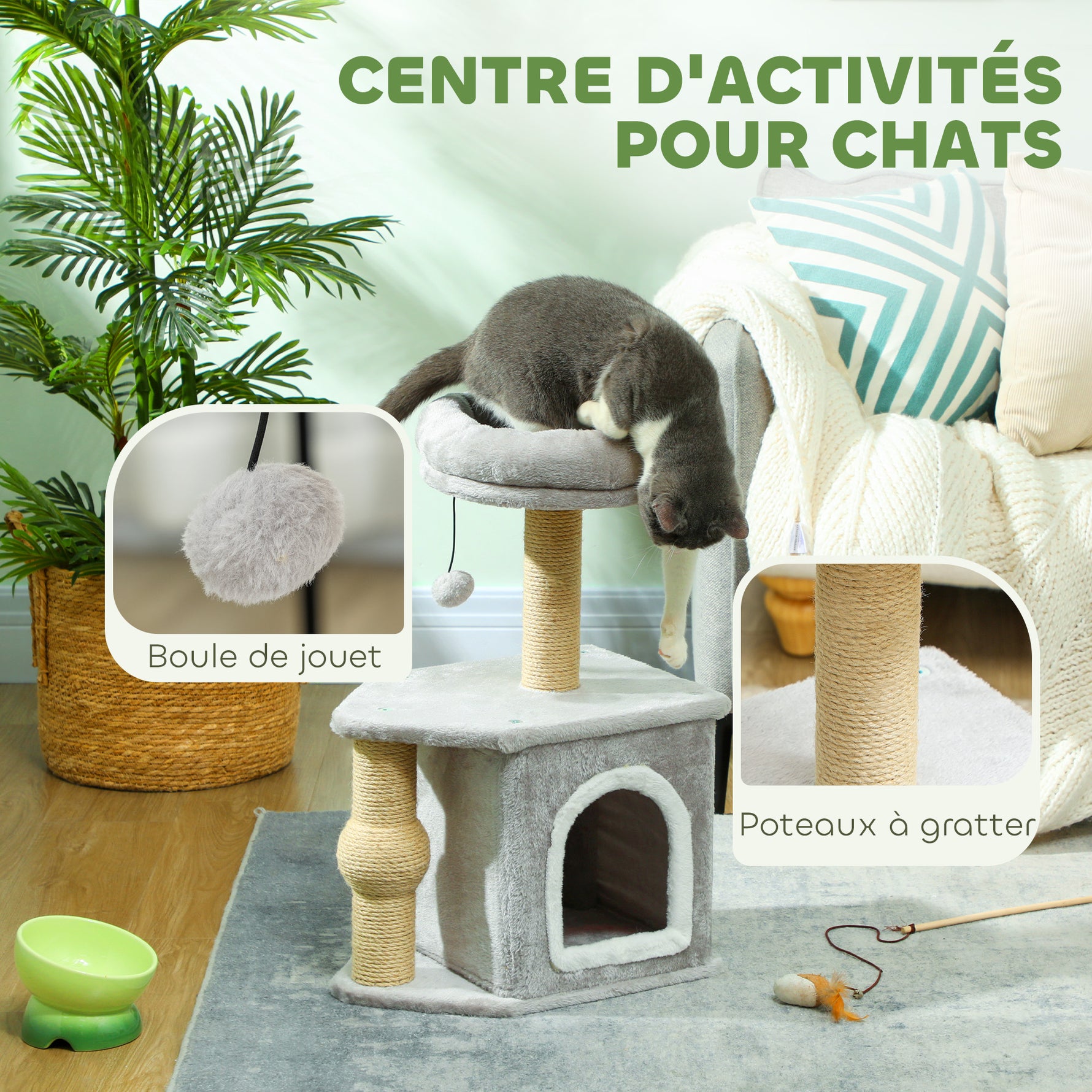 Arbre à chat tour de jeux pour chats, avec poteaux à griffer lit pour chat maison pour chat 42 x 30 x 66 cm gris clair